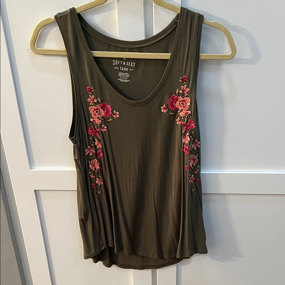 American Eagle Outfitters Olive Tank with Pink Floral Embroidery
